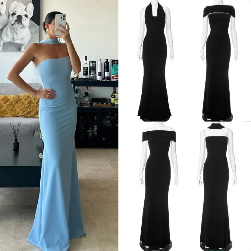 

2024 New Women's Tube Top Y2k Sexy Dress Adjustable Halter Neck Strap Slim Wedding Long Dress