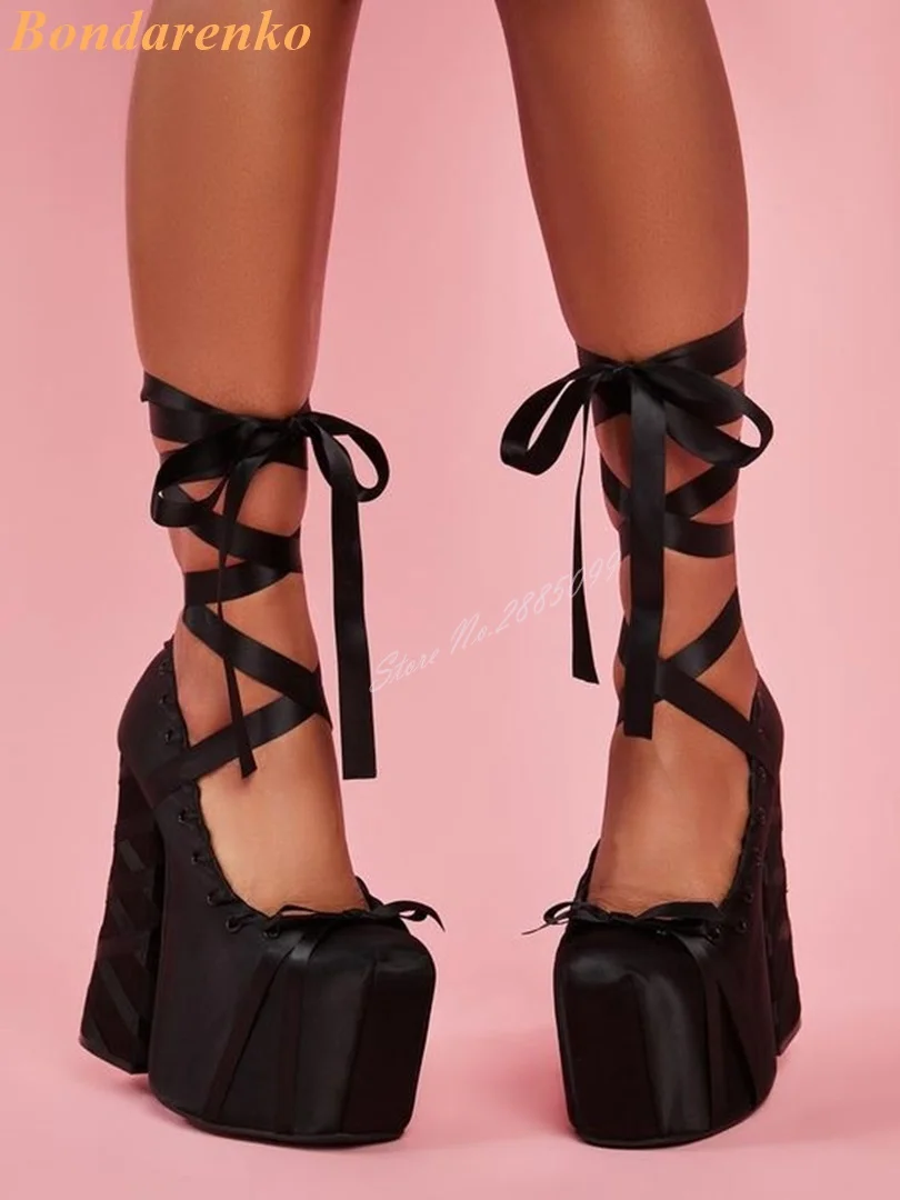 Super Platform Cross Tied Sandals Round Toe Chunky High Heels Straps Lace Up Sandals Women Sexy Shoes Shallow Big Size Banquet