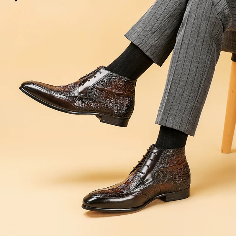 Phenkang Men's Genuine Leather Crocodile Pattern Winter Rubber Ankle Chelsea Boots Brogue Flat Safety Dress Shoes Handmade