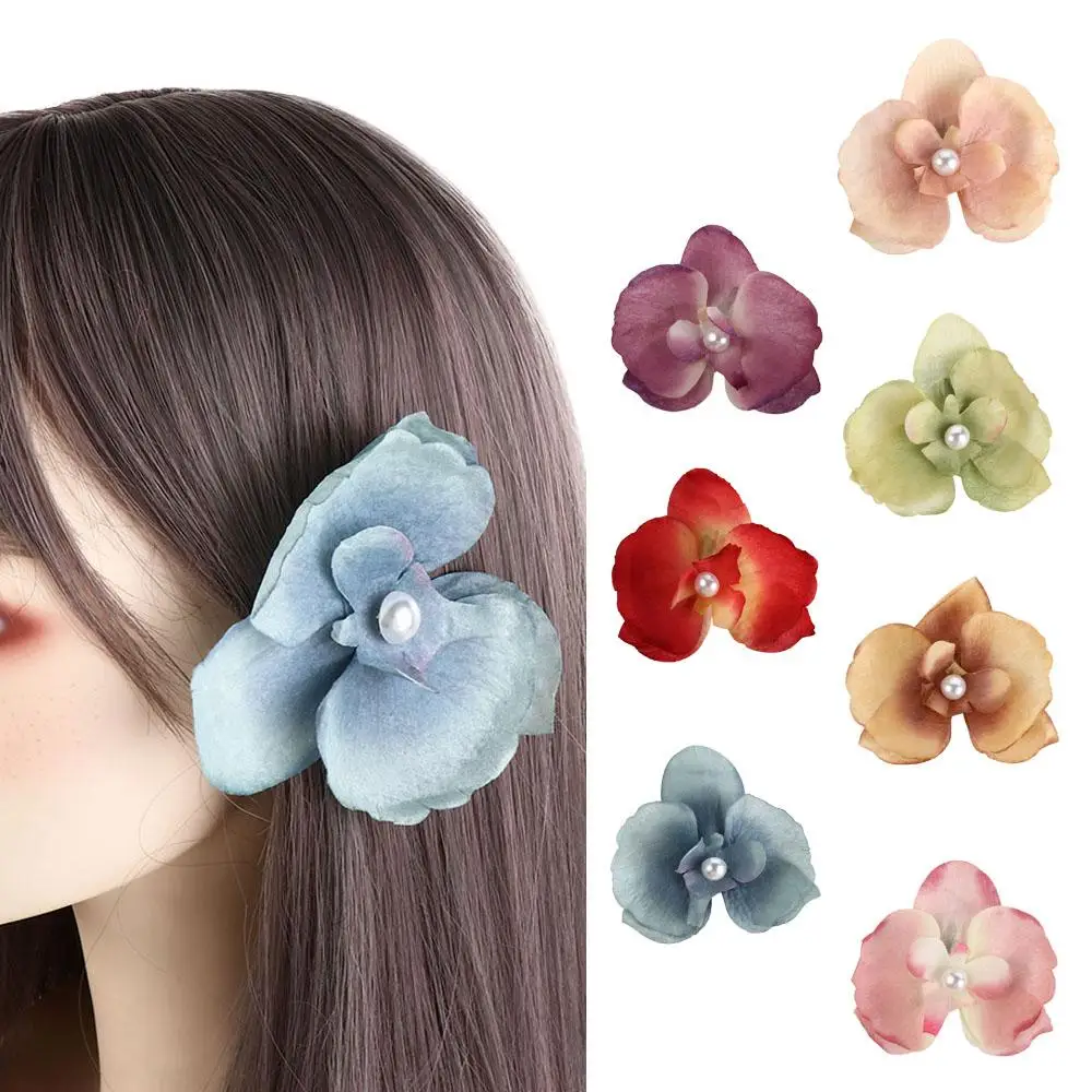 Cloth Butterfly Flower Hair Clip Pearl Korean Style Orchid Flower Hairpin Seaside Vacation Headwear Headdress Girl Hair Clip
