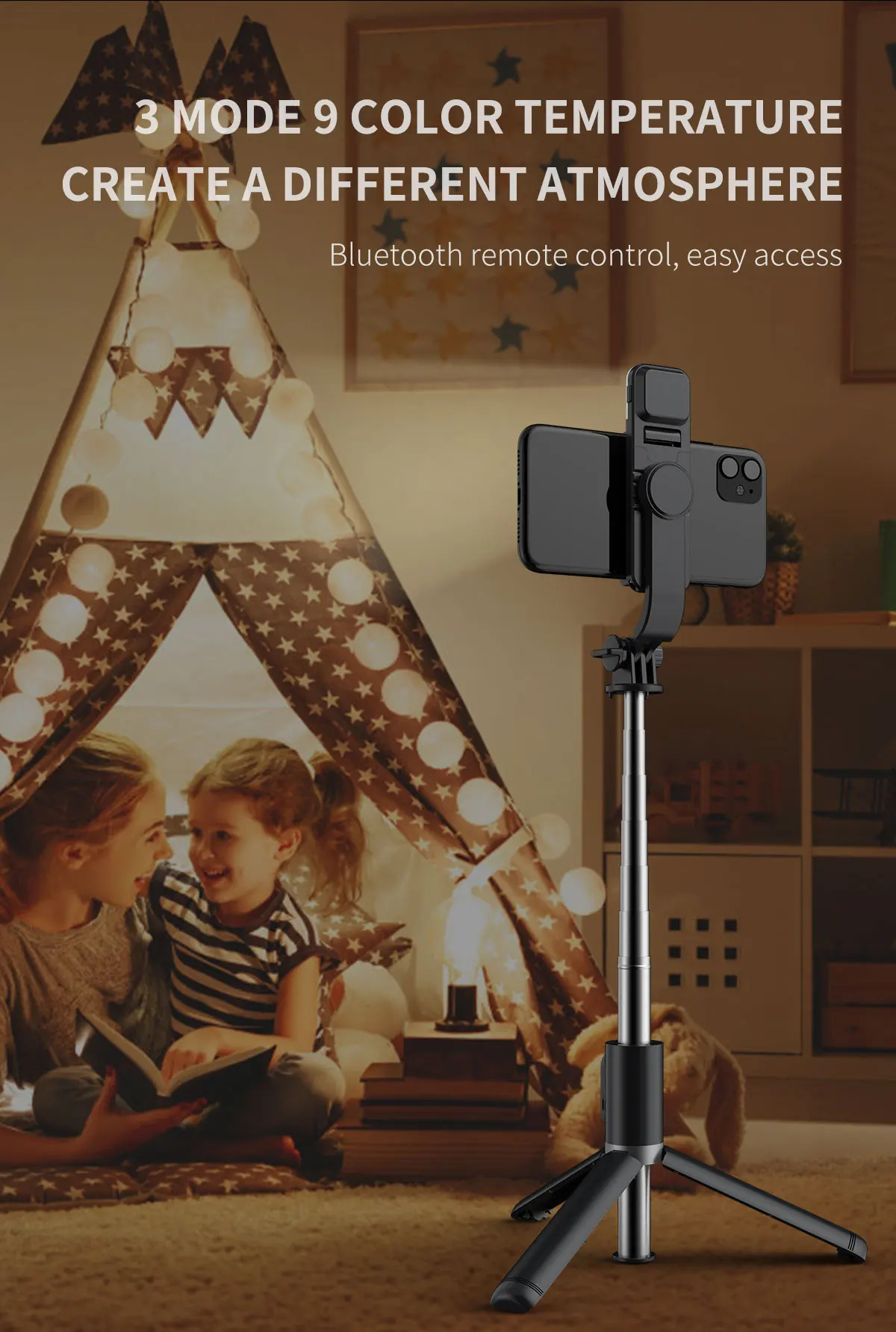 Wireless Bluetooth Selfie Stick Foldable Portable Tripod LED Fill Light Shutter Remote Control IPhone Xiaomi For Video_voghion.com