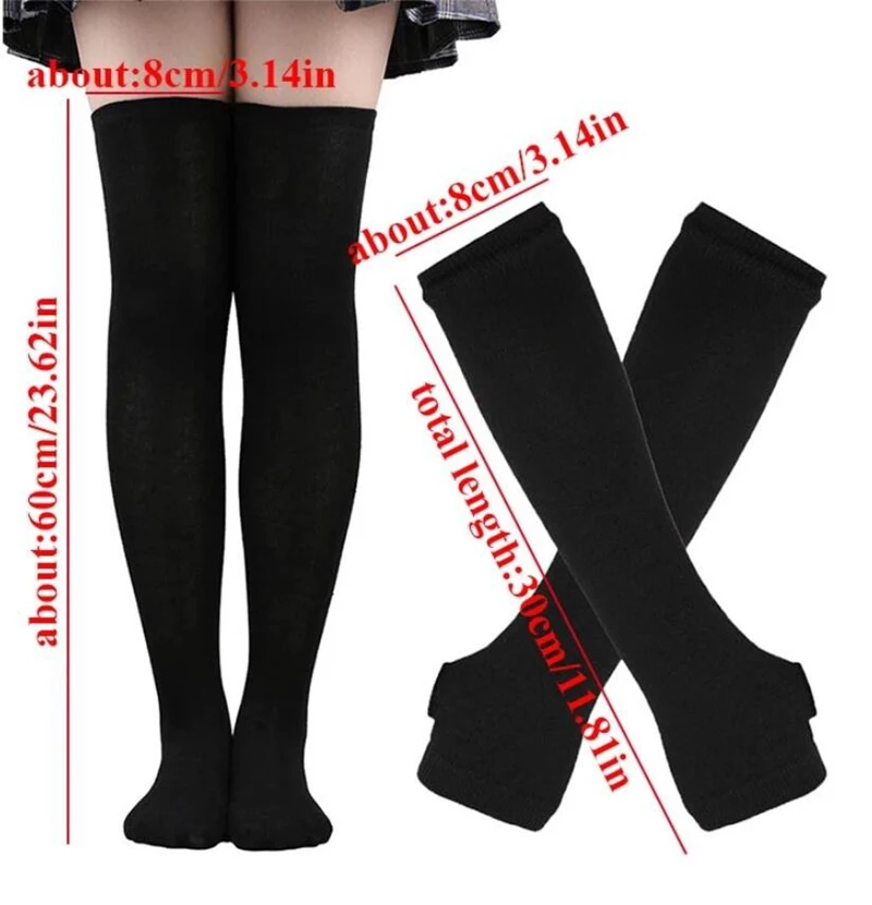 1 Set Women Girls Over Knee Long Stripe Thigh High Cotton Gothic Lolita Socks Arm Sleeve Gloves Sweet Cute Black Overknee Socks