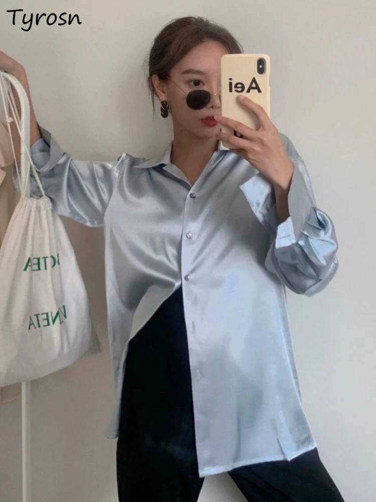 

Shirts Women Elegant Pure Tenser Solid Simple All-match Leisure Loose Design Cozy Ladies Basic Autumn Retro Stylish Ulzzang Chic
