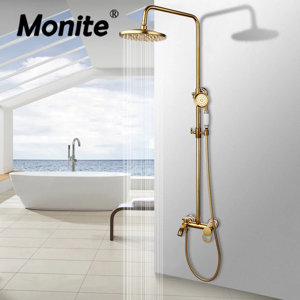 Monite Luxus-Badezimmerarmaturen, 20,3 Cm (8 Zoll) Duschset, Regenfall, Goldfarben, Polnischer Badewannenauslauf, Warm- Und Kaltwassermischer, Wandarmatur