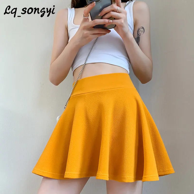 

2023 Summer Spring Solid Mini Skirts Womens Sexy Big Umbrella Style High Waist Sundress Korean Basic Short Pleated Skirts