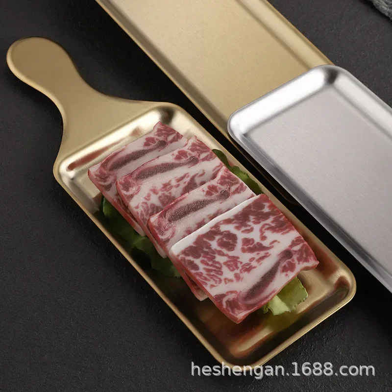 SStainless steel rectangular plate, western-style steak plate, golden flat-bottomed barbecue plate, tray snack