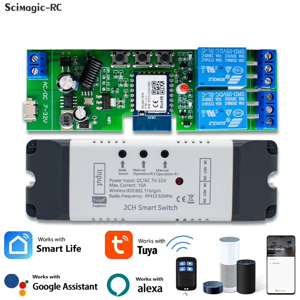 Tuya Smart Wifi Electric Linear Actuator Motor Controller DC AC 12V 24V 32V 2 Channel Switch RF433 Remote 2CH Pulse Module Relay