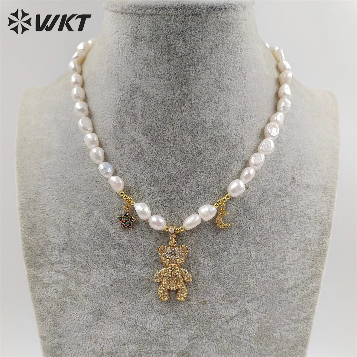 WT-JN231 WKT 2023 fashion sale freshwater pearl cute style with heart and bear shape 16inch extend 2inch necklace women wedding