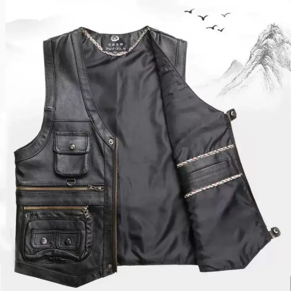 2024 Cowhide Genuine Leather Man Vest Waistcoat Male clothing