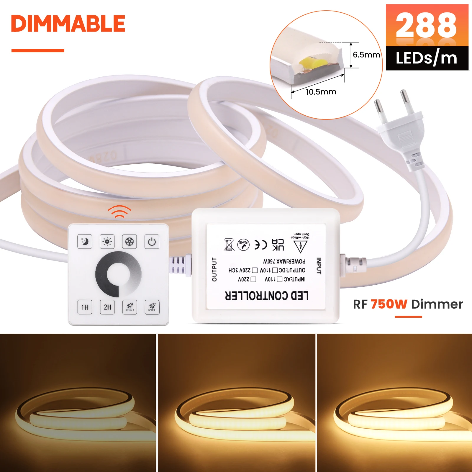 

Dimmable COB LED Strip Light 220V IP67 Waterproof LED Neon Strips 288LEDs/M RF Wireless Touch Panel Control Flexible Ribbon Tape