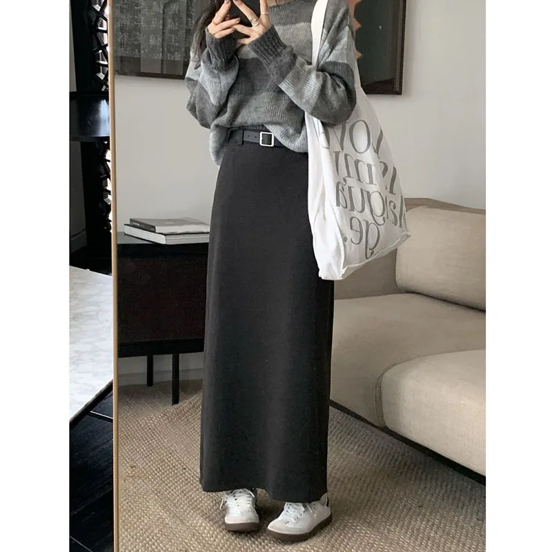 High Quality Woolen Maxi Skirts Female Elegant Chic High Waist Loose A-Line Skirts Women Vintage Streetwear Split Long Skirt 2