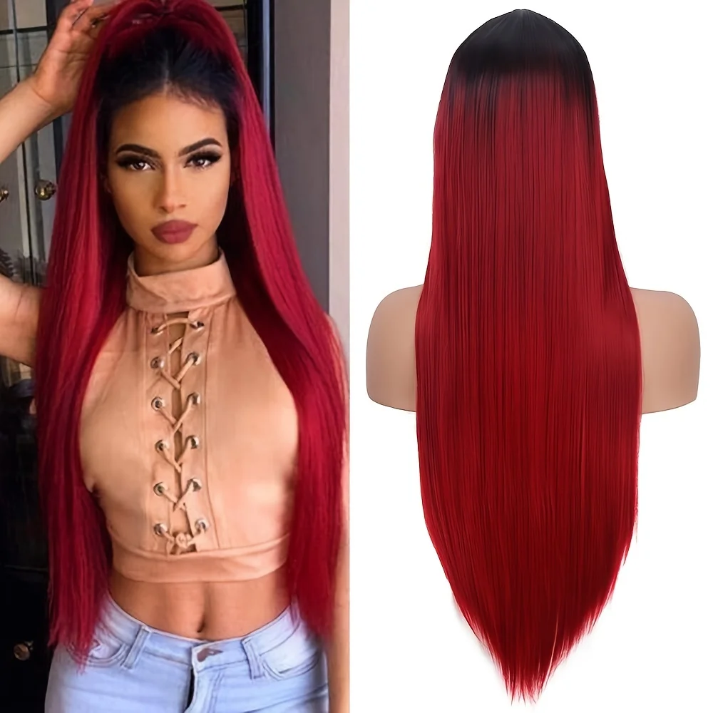 Synthetic Ombre Black To Red Straight Bob Wigs Natural Looking Middle Part Heat Resistant Fiber Wigs For Daily Cosplay Party 2