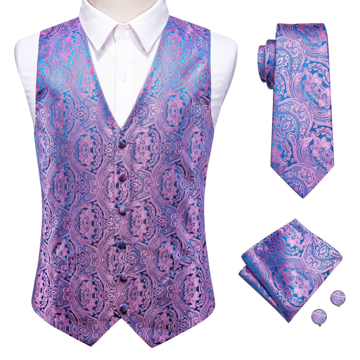 Wedding Purple Silk Men Vest Paisley Slim Fit Necktie Hankerchief Cufflinks Sets Male Sleeveless V-Neck Waistcoat Party Hi-Tie 4