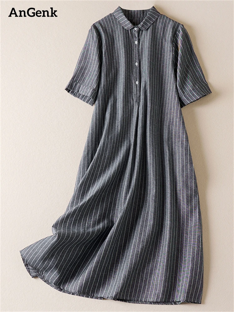 CottonVintageStripedLongDressesForWomen2023SummerCasualAllMatchShirtDressOffice