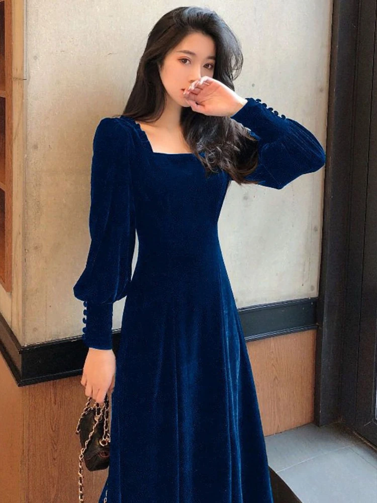 Vestidos Square Neck Long SectionLong-Sleeved Velvet Dress