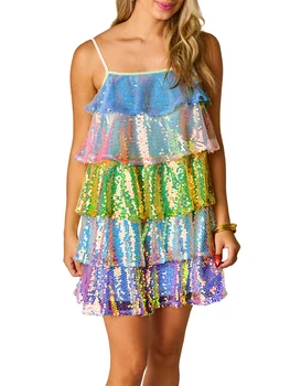 Women's Summer Short Sling Dress Sleeveless Backless V Neck Layered Ruffle Sequins Dress 1