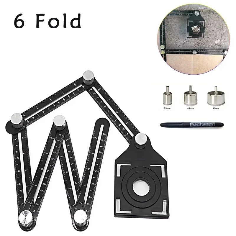 6 Fold Set Construction Angle Measuring Ruler Aluminum Alloy Perforated Mold Template Tool Locator Drill Guide Tile Hole angle measuring tool