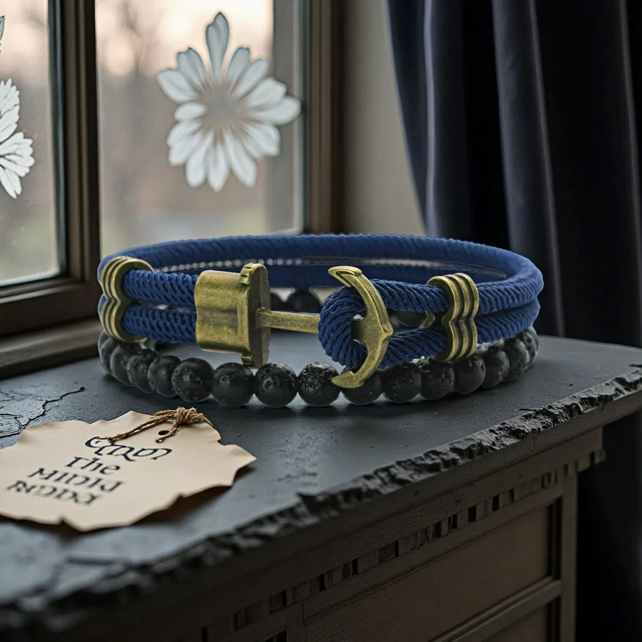 Men Anchor Bracelet Lava Stone Beaded 6 Colors