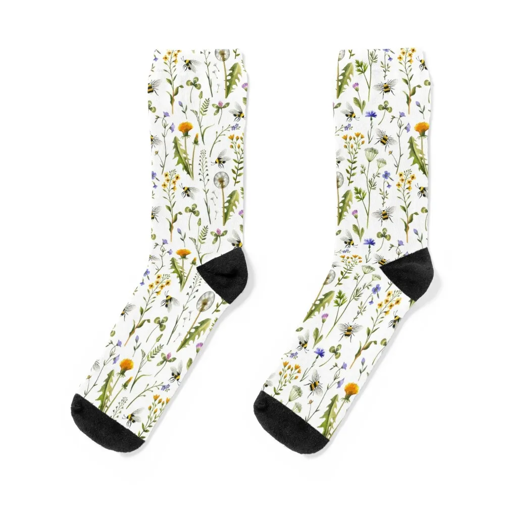 

Bees and wildflowers on white Socks sheer retro heated aesthetic Socks For Women Men's