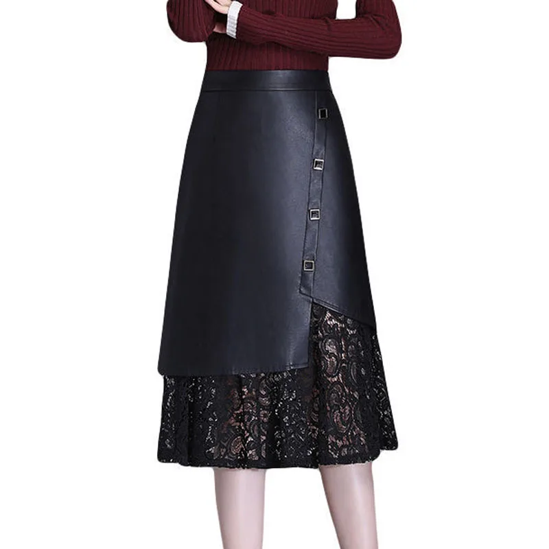 New Autumn/Winter Fashion Lace Splice High Waist Mid Length Half Length Leather Skirt Versatile Western Women's A-line Skirt