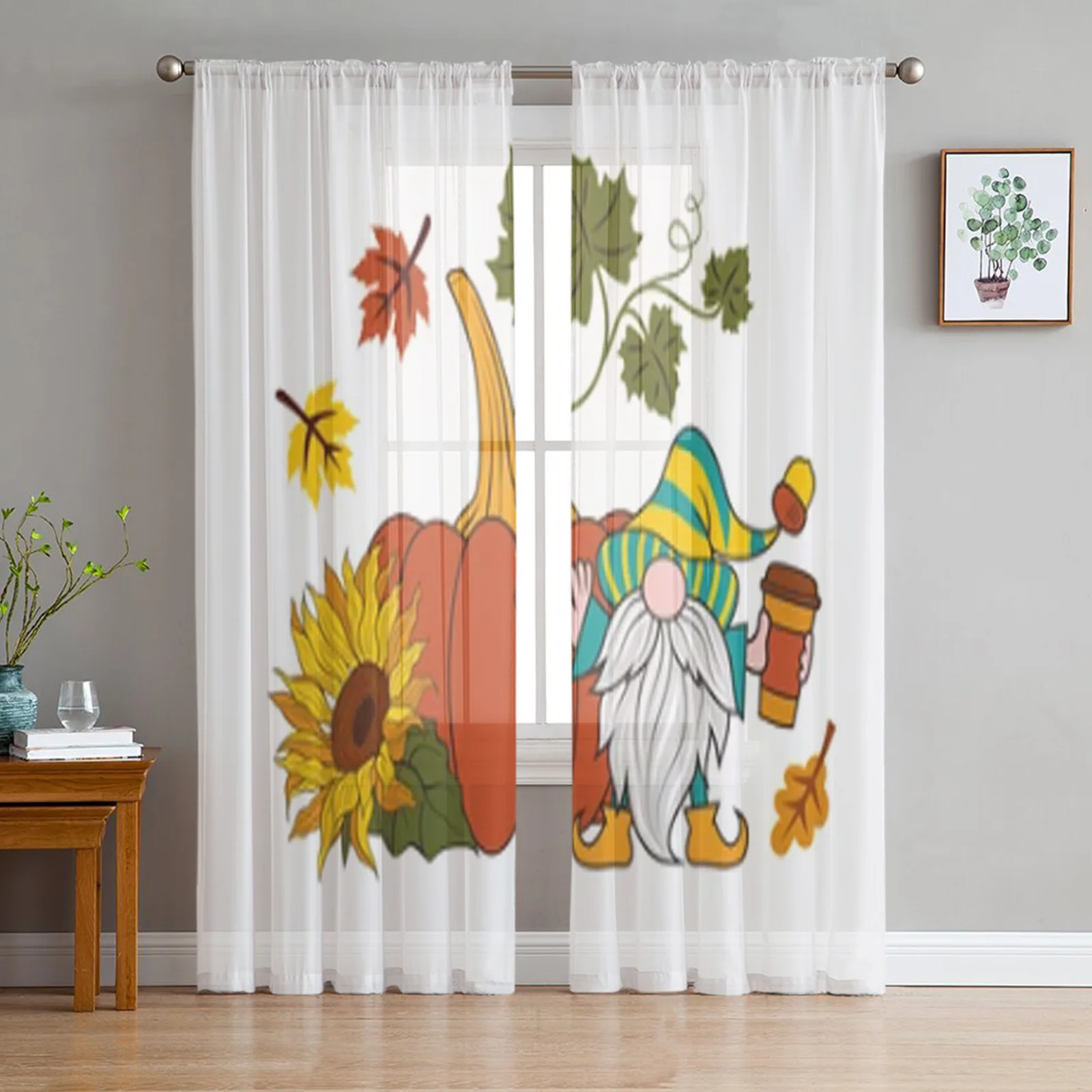 

Pumpkin Sunflower Autumn Leaves And Gnome Sheer Curtains For Living Room Window Transparent Voile Tulle Curtain Bedroom Drapes