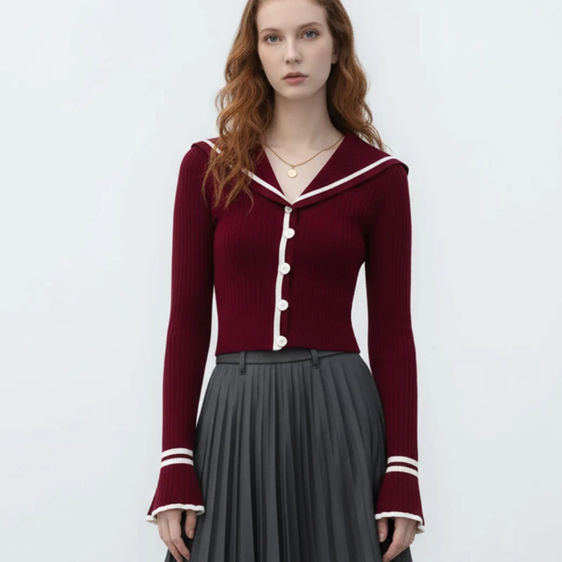 2025 Fall Winter Navy Neck V-Neck Women's Slim-fit Long Sleeve Sweater New Elegant Women's Knitwear Cardigan Top