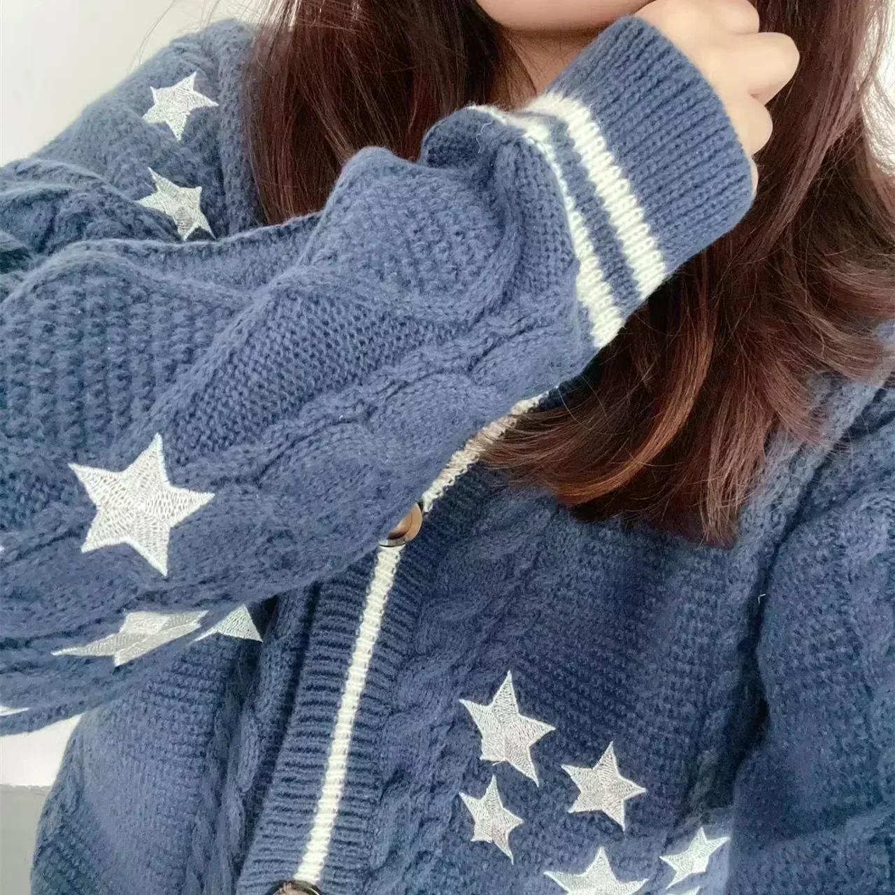 여성용 스타 자수 미드나잇 블루 코튼 니트 가디건, 따뜻한 루즈핏 스웨터, Y2k 여성용 가디건, 가을 겨울