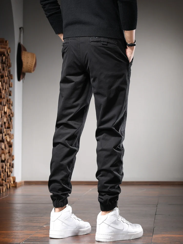 Black Casual Pants Men Cotton Joggers Fashion Korean Style Slim Fit Elastic Waist Drawstring Pencil Pants