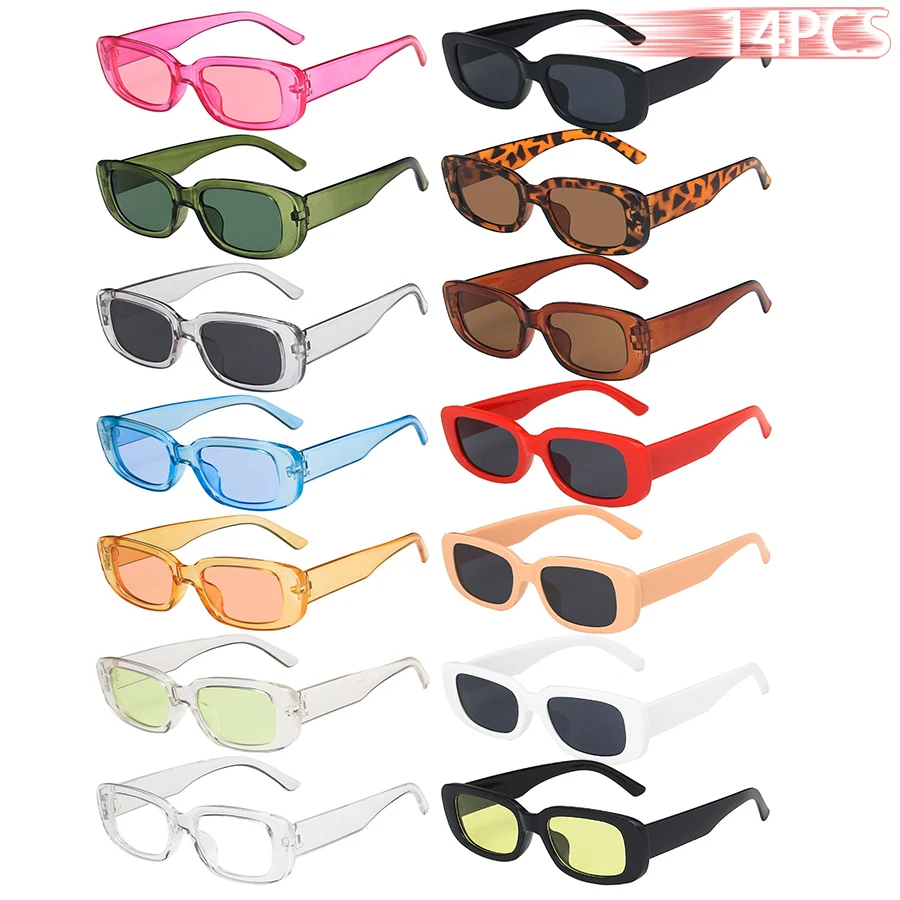 14 Stück kleine rechteckige Sonnenbrillen für Damen, Vintage-Markendesigner, quadratische Sonnenbrillen, Damenbrillen, blendfrei