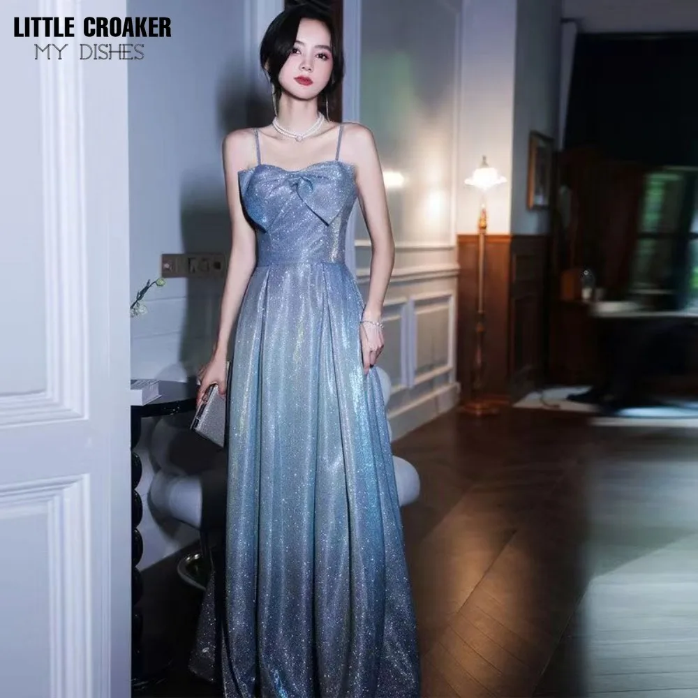 

Spaghetti Strap Front Bow Glitter Evening Dresses Woman Elegant Blue Gown 2024 Long Prom Dress