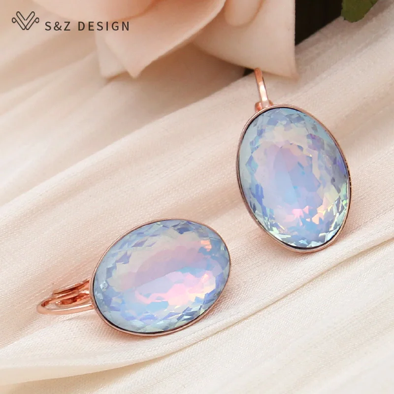 S&Z DESIGN New Trendy 585 Rose Gold Color Big Oval Egg Shape Crystal Dangle Earrings For Women Wedding Elegant Jewelry Gift