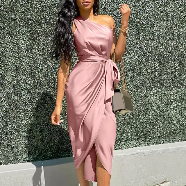 Elegant One Shoulder Satin Dress with Slit for Women Evening Party - Image 4