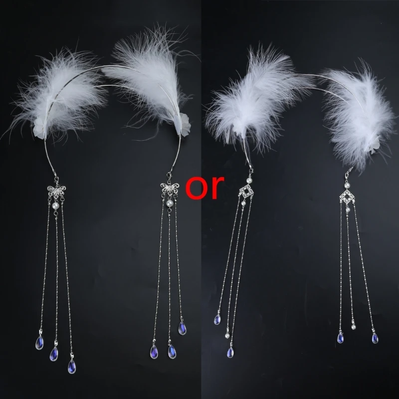 

Feather Headpiece Furry Headband White Feather Headwear with Tassel Hair Hoop