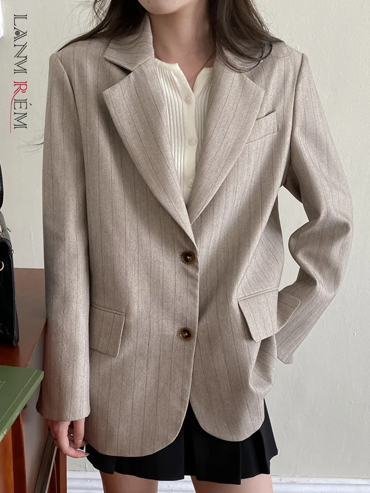 

[LANMREM] Striped Office Lady Blazers For Women Single Breasted Minimalism Female Jackets Fashion 2024 Spring New 26D7320