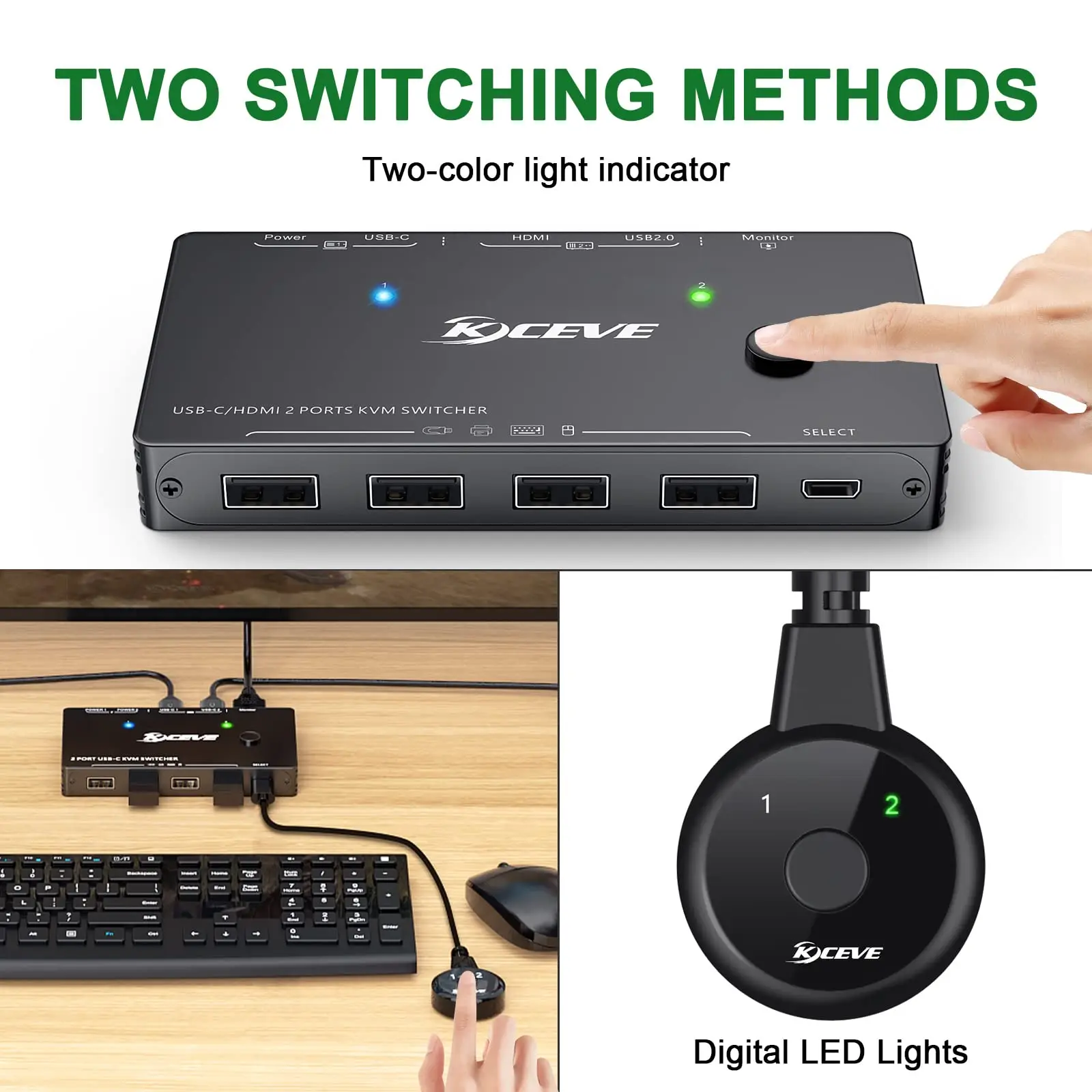 8K KVM HDMI Switch 2 Ports,KCEVE USB 3.0 KVM Switcher Box,Support 8K@60Hz 4K@120Hz for 2 Computers Share Mouse Keyboard Monitor 3