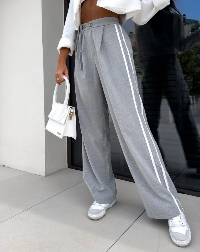 Women's Pants 2024 Spring Casual Suit Style Striped Drawstring High Waist Casual Pants Daily High Waist Straight Long Pants