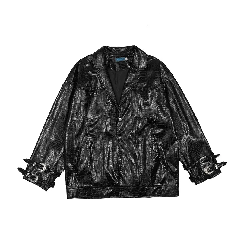 

Мужская куртка из искусственной кожи, однотонная мотоциклетная куртка оверсайз с отложным воротником в европейском и американском стиле, 2023