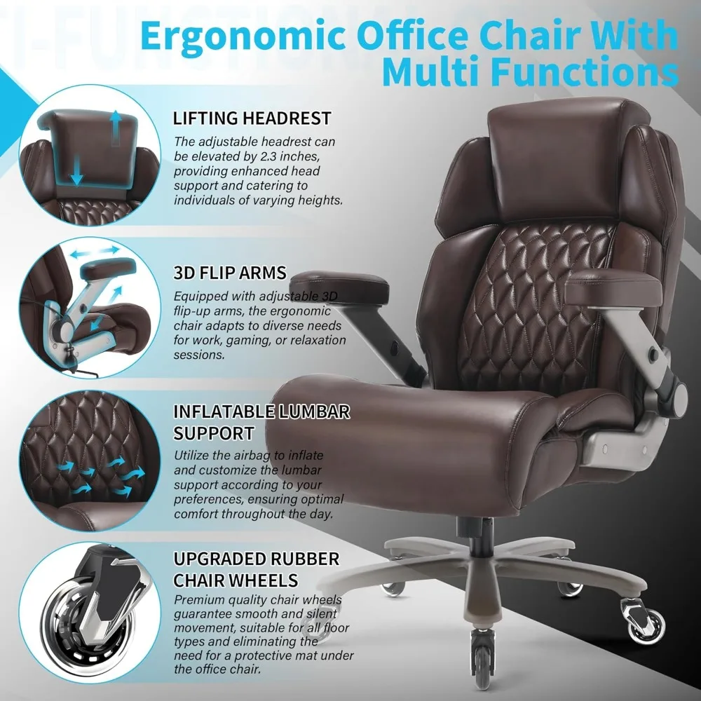 Big and Tall Office Chair 700lbs - Adjustable Headrest&Lumbar Support, 3D Flip Arms, Large Wheels &Heavy Duty Metal Base, Ergono