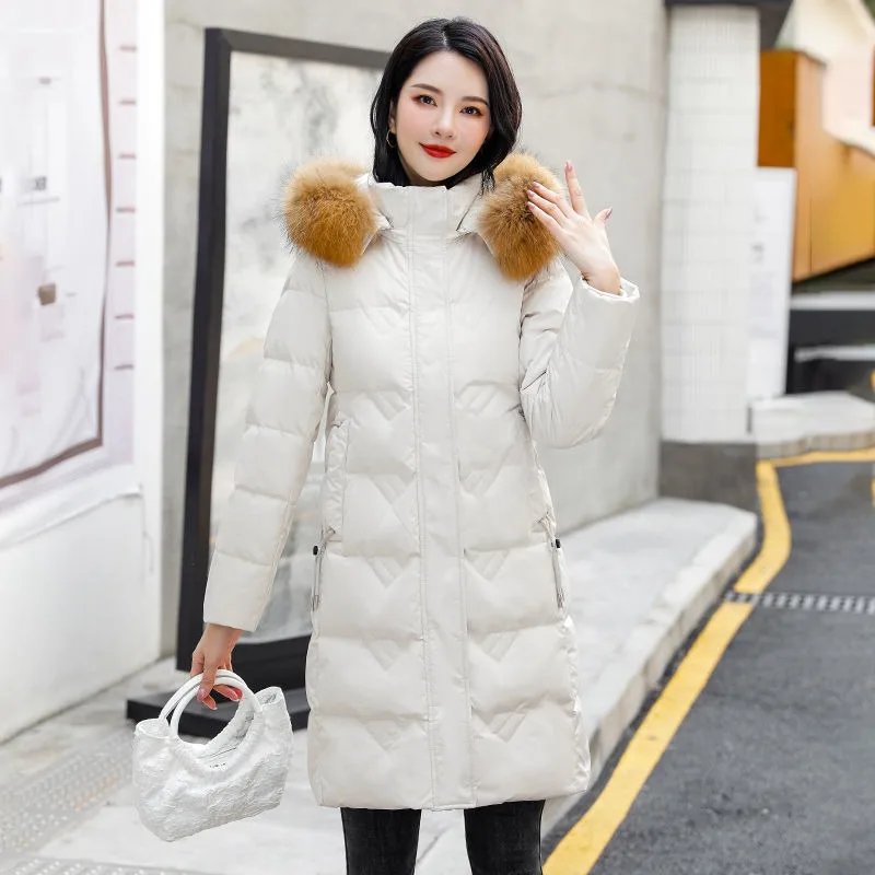 

2023 New Women Down Jacket Winter Coat Female Mid Length Version Parkas Slim Fit Thick Warm Outwear Hooded Fur Collar Overcoat