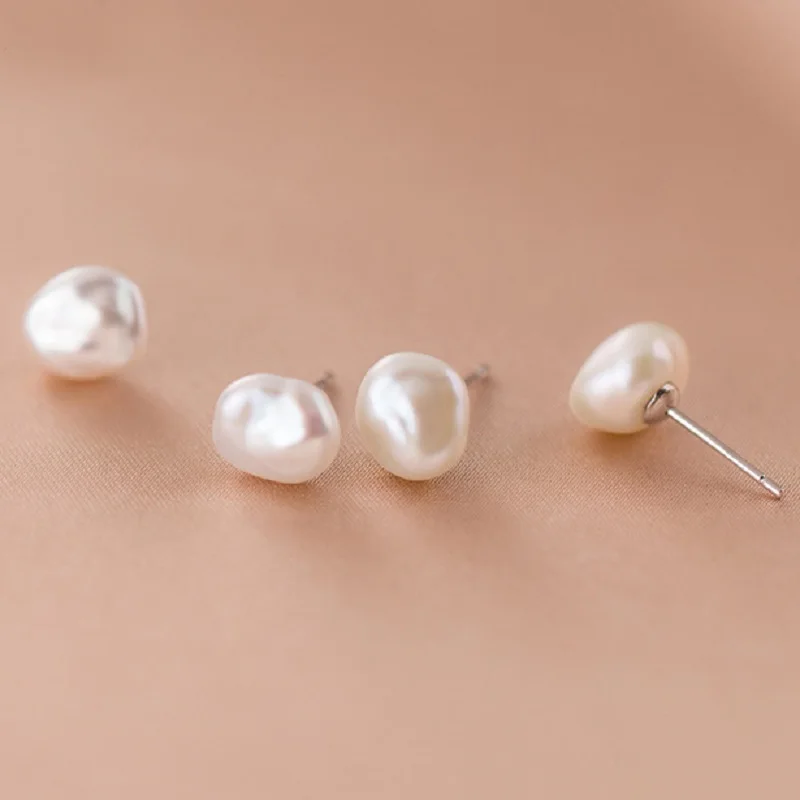 Mutiara air tawar alami Barok bentuk tidak beraturan 7-8mm anting kancing 925 Sterling perak gaya sederhana perhiasan untuk wanita hadiah panas