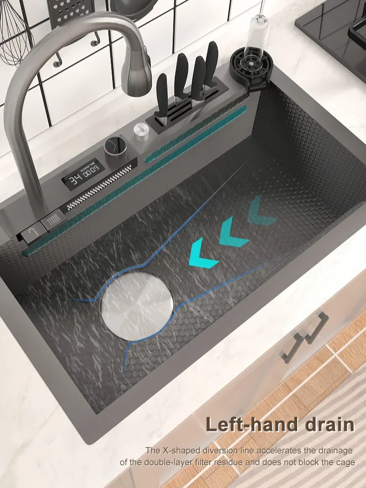 Description Picture 3 of itemDigital Display Waterfall Sink 304 Stainless Steel Kitchen Sink Embossed Washbasin With Waterfall Faucet For Kitchen Renovation
