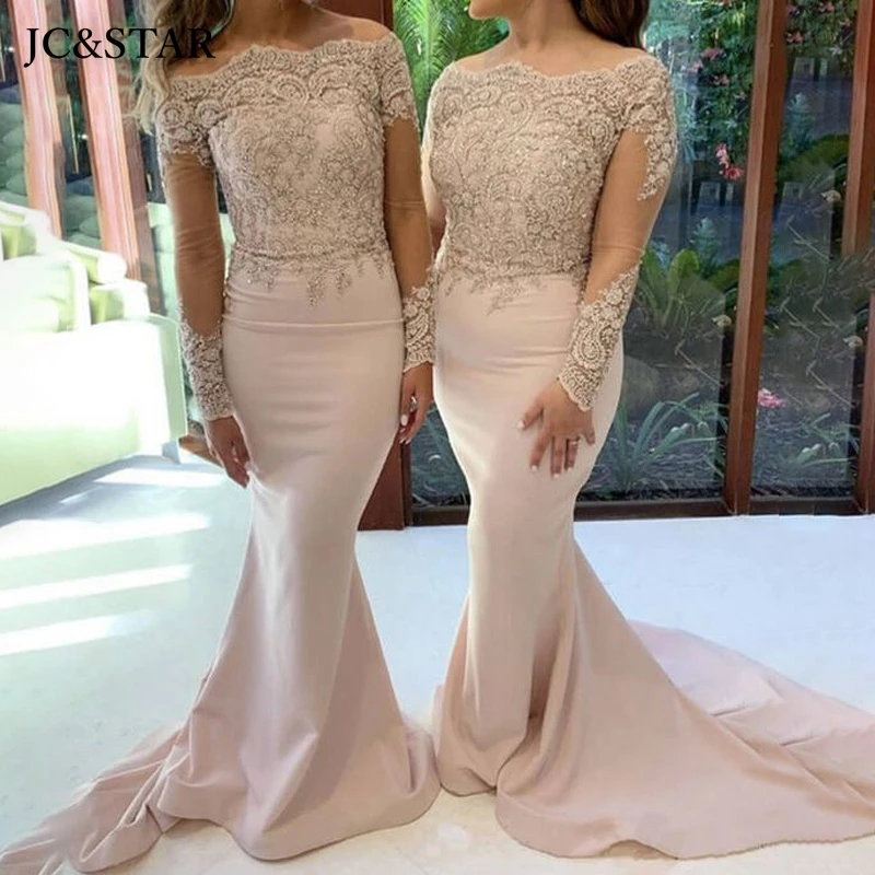 

Mermaid bridesmaid dresses champagne long sleeves vestidos para bodas mujer invitada Off the Shoulder lace wedding party Gowns