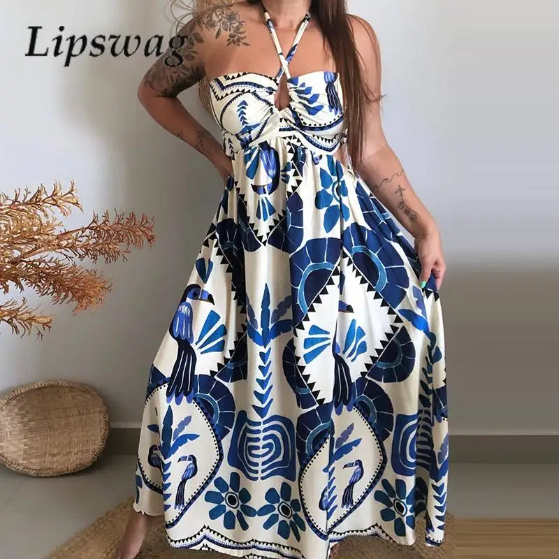 

Sexy Backless Hollow High Waist Holiday Dress Spring Summer Fashion Sleeveless Print Dress Women Casual Pleated Bohemian Dress