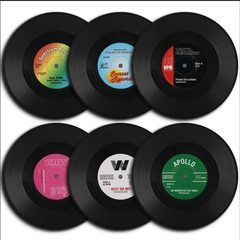 Set of 6 Colorful Retro Vinyl Record Disk Coasters for Drinks Non-Slip Coasters for Coffee Tea Beer Mug Wine Glass Bottle 1