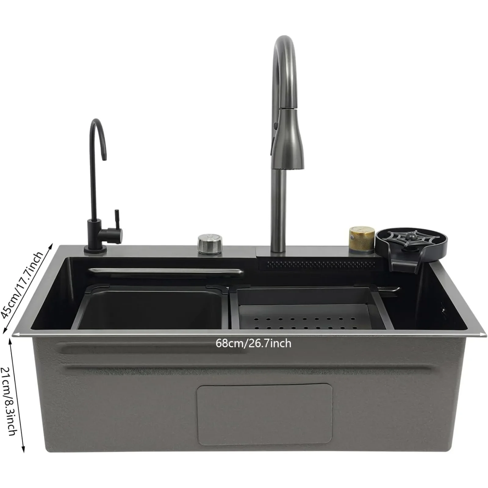 BYMAOCAR Stainless Steel Sink, Kitchen Sink with Extendable Tap, Household Sink Set, Stainless Steel Waterfall Sink 68x45 x21 cm