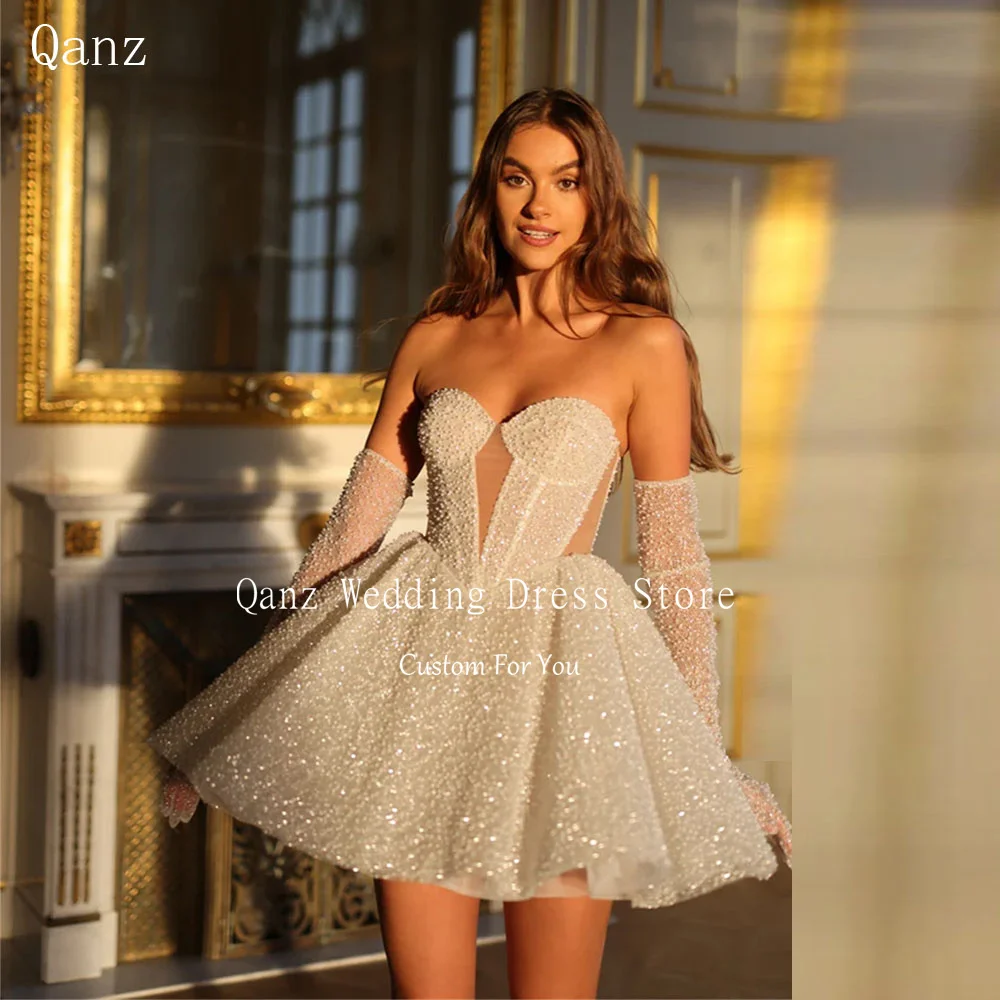 Qanz Short Shiny Glitter Wedding Dress Lace Up Back Sliver Beaded  Rhinestone Dresses Luxury Birthday Party Dress Customized - AliExpress 320