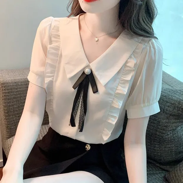 

Large size 2024 Solid color Summer Fashion New Ruffle Ruffle Temperament Bow Pearl Chiffon Shirt Lined Short Sleeve Top Z897