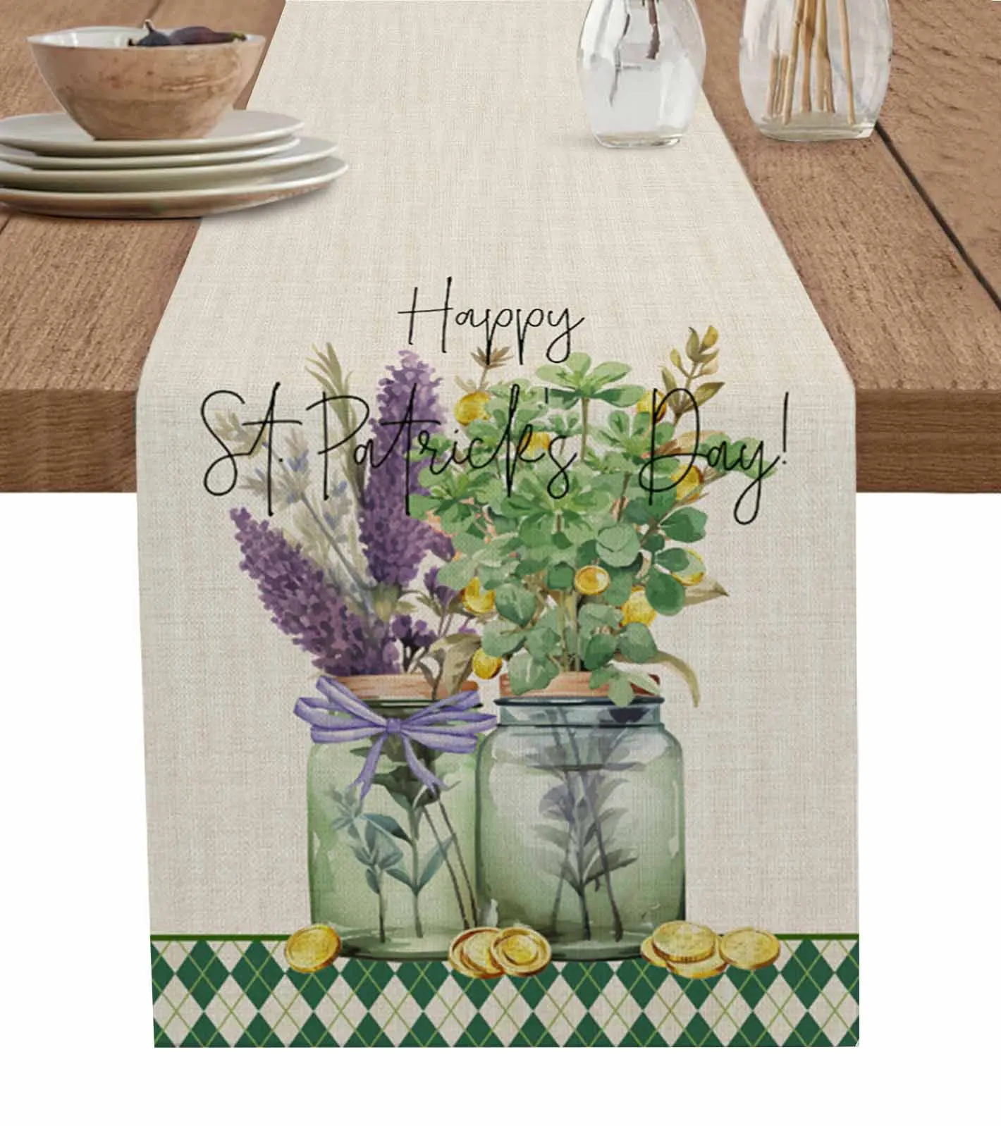 

St. Patrick'S Day, акварель, клевер, золотая монета, цветок, столовая дорожка, кухонные салфетки, домашний декор, скатерть для стола