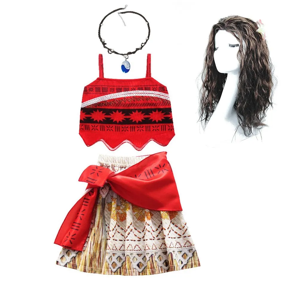 Kids Moana Costume for Girls Straps Backless Vaiana Summer Dress Wig  Children Baby Clothes Carnival Christmas Birthday Attire