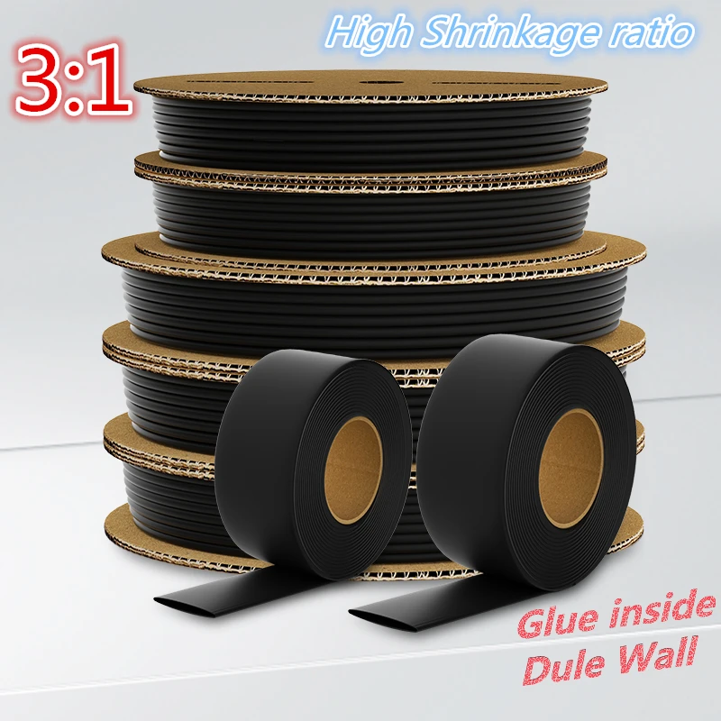 5/10/25/50/100/200Meter BLACK 3:1 Heat Shrink Tube with Glue Dual Wall Tubing Diameter 1.6/2.4/3.2/4.8/6.4/7.9/9.5/12.7mm